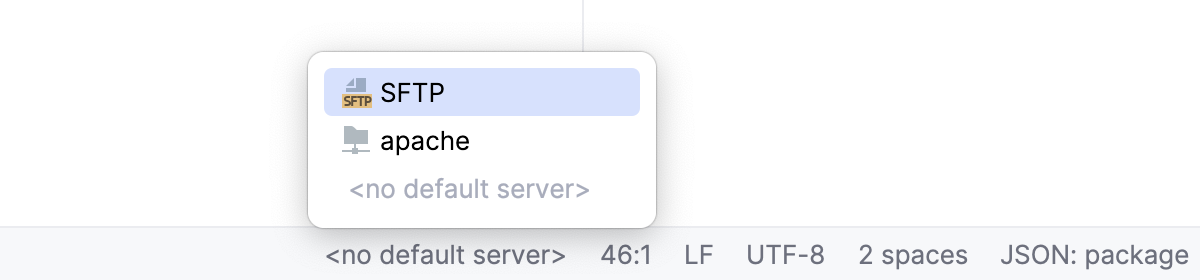 Selecting a default deployment server in WebStorm status bar