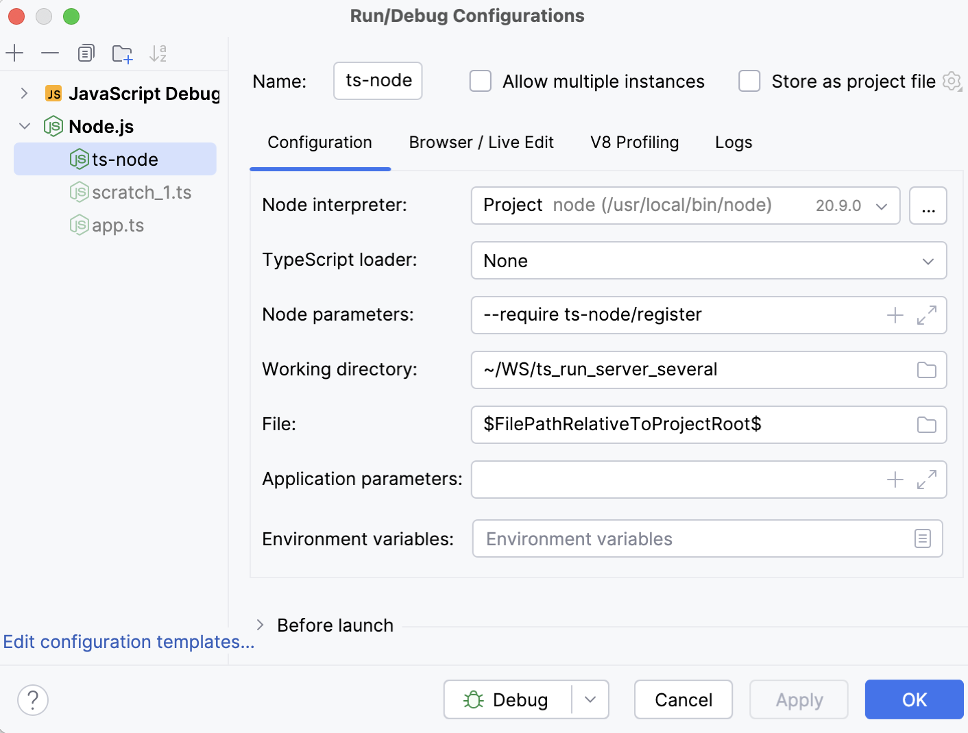 Custom run-debug configuration for ts-node