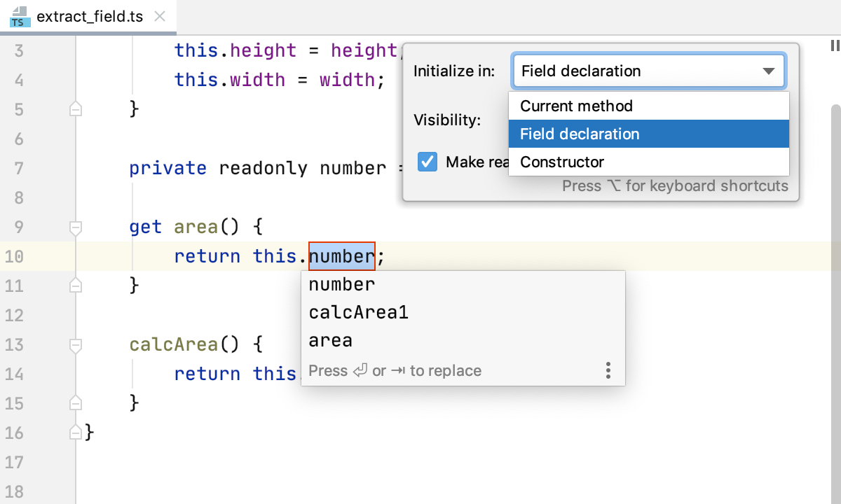 Extract field in TypeScript: choose initialization