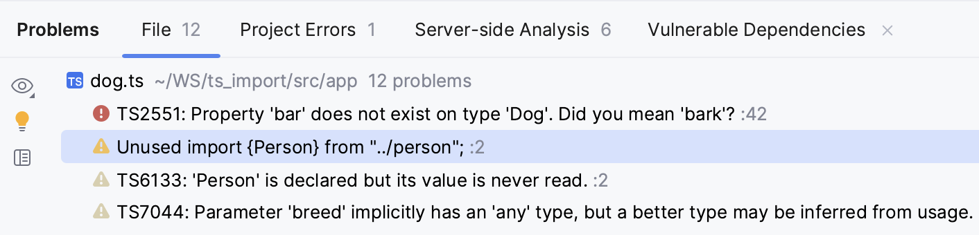 Problems tool window, TypeScript. Current File tab shows syntax errors from the file in the active editor tab