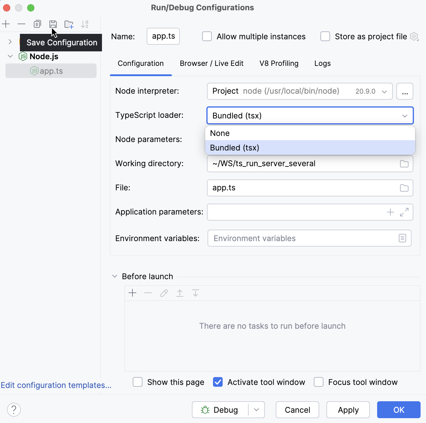 Node.js run/debug configuration for running and debugging server-side TypeScript