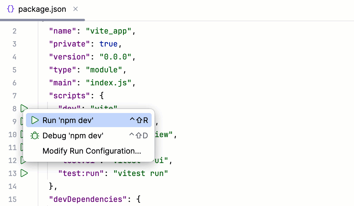 Run a Vite app in the development mode from package.json