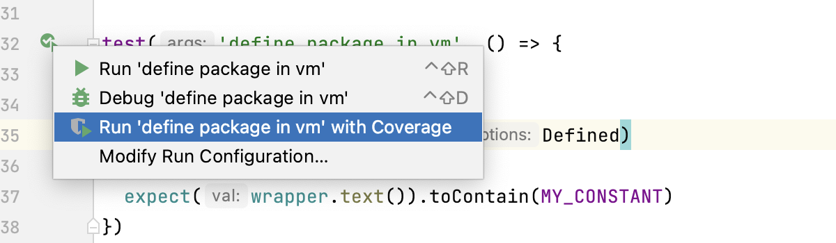 Run Vitest tests with coverage from the editor