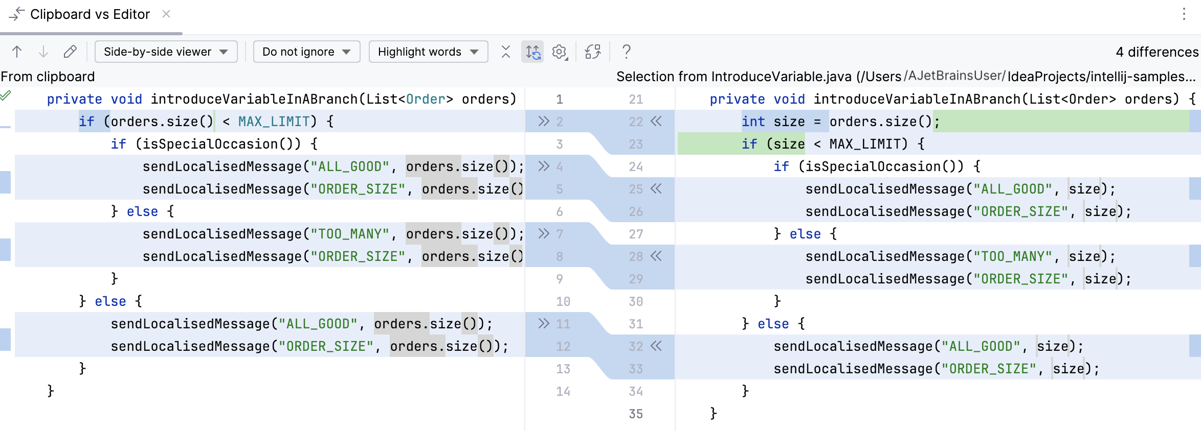 The compare with clipboard feature with a diff of one method