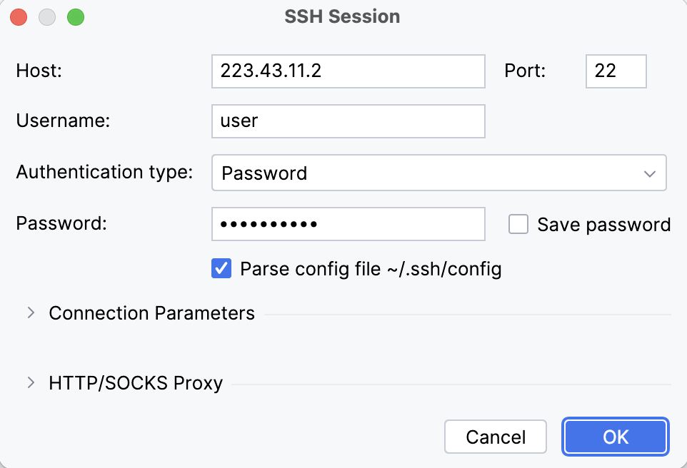 Providing data in the SSH Session dialog