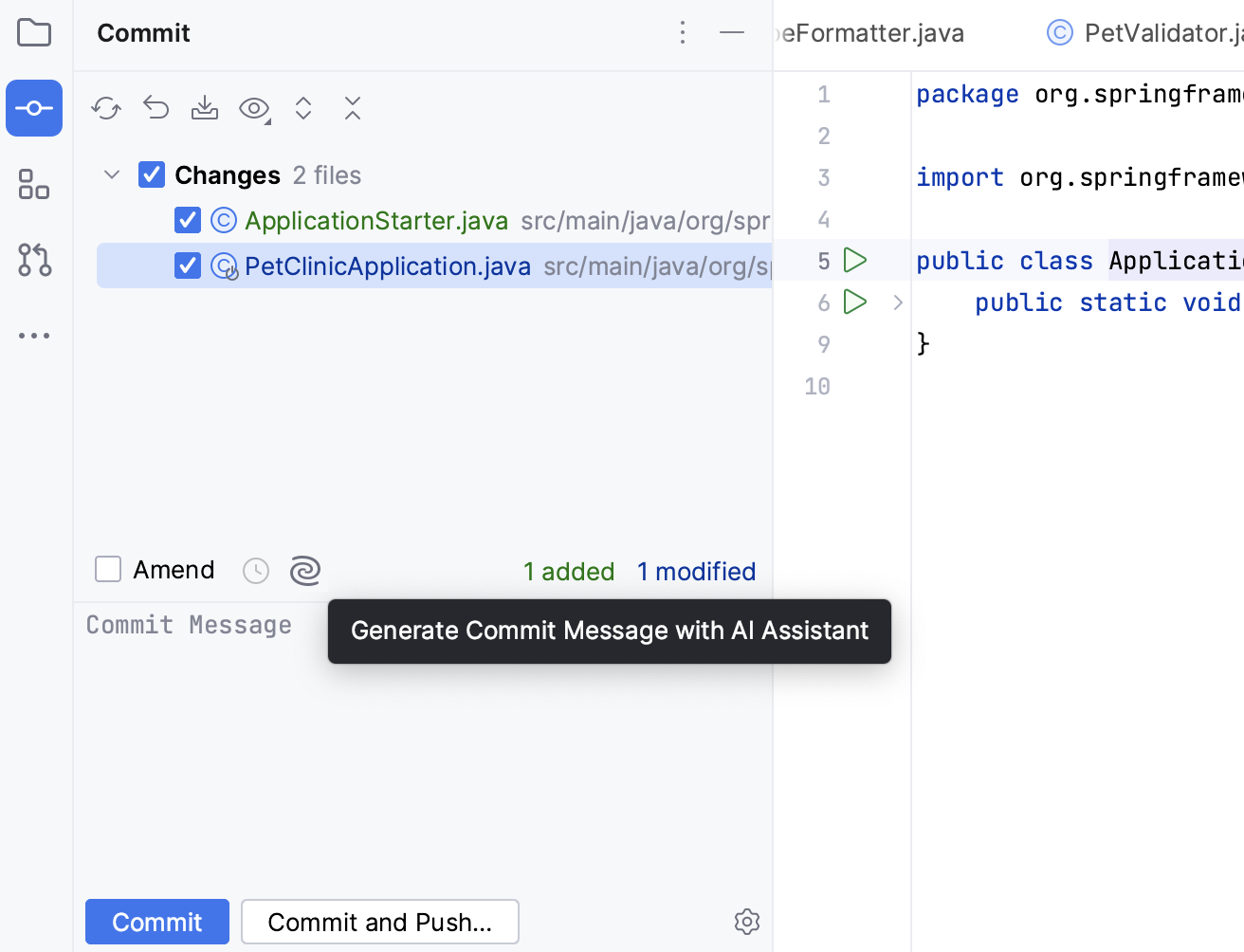 IntelliJ IDEA: AI Assistant generates commit messages