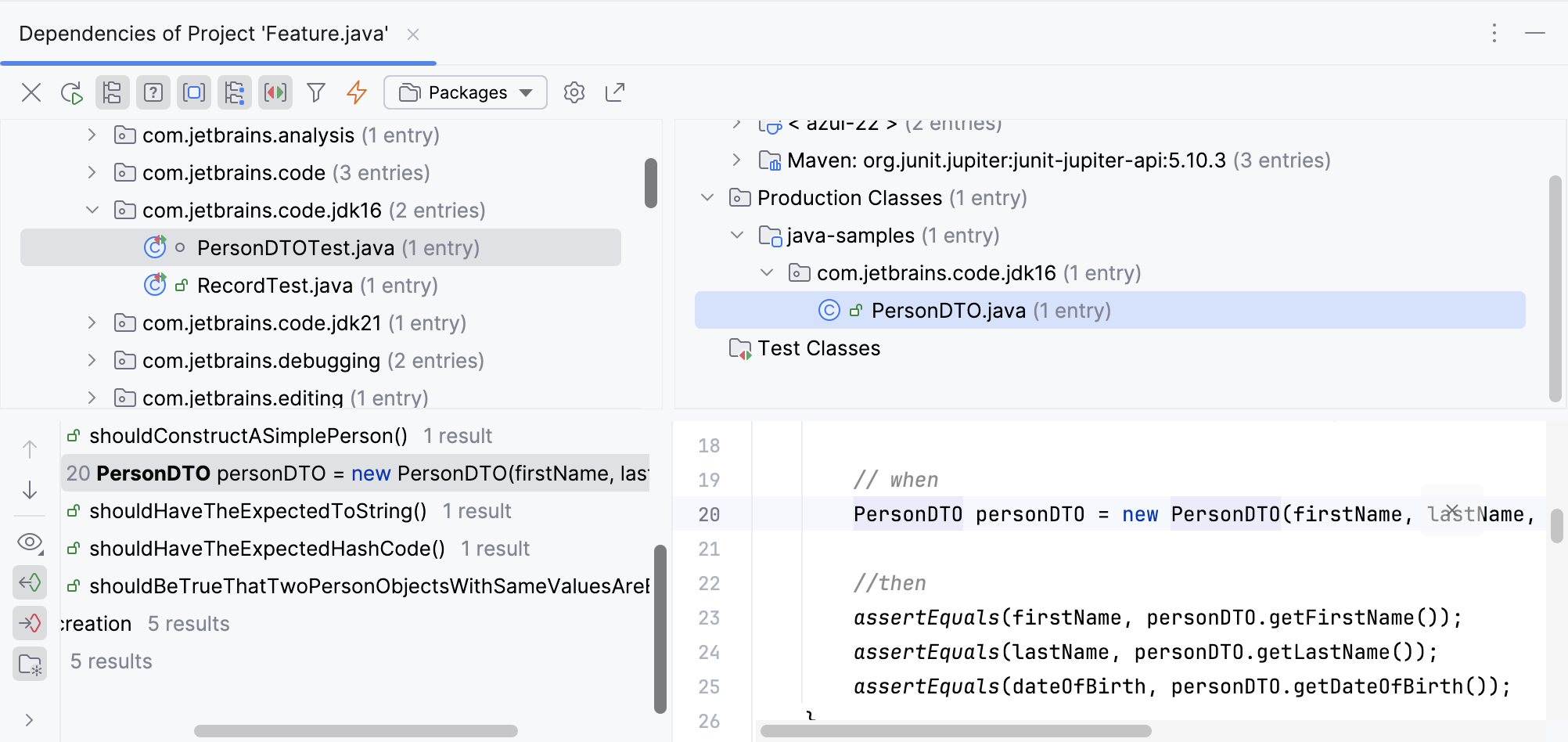 Dependencies analysis results in the tool window