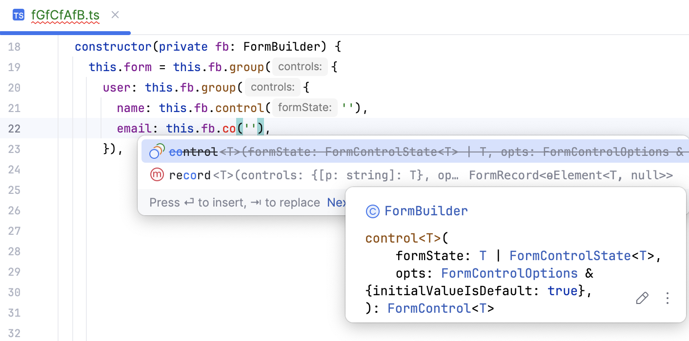 Completion and quick doc in Reactive Forms Completion and quick doc in Reactive Forms