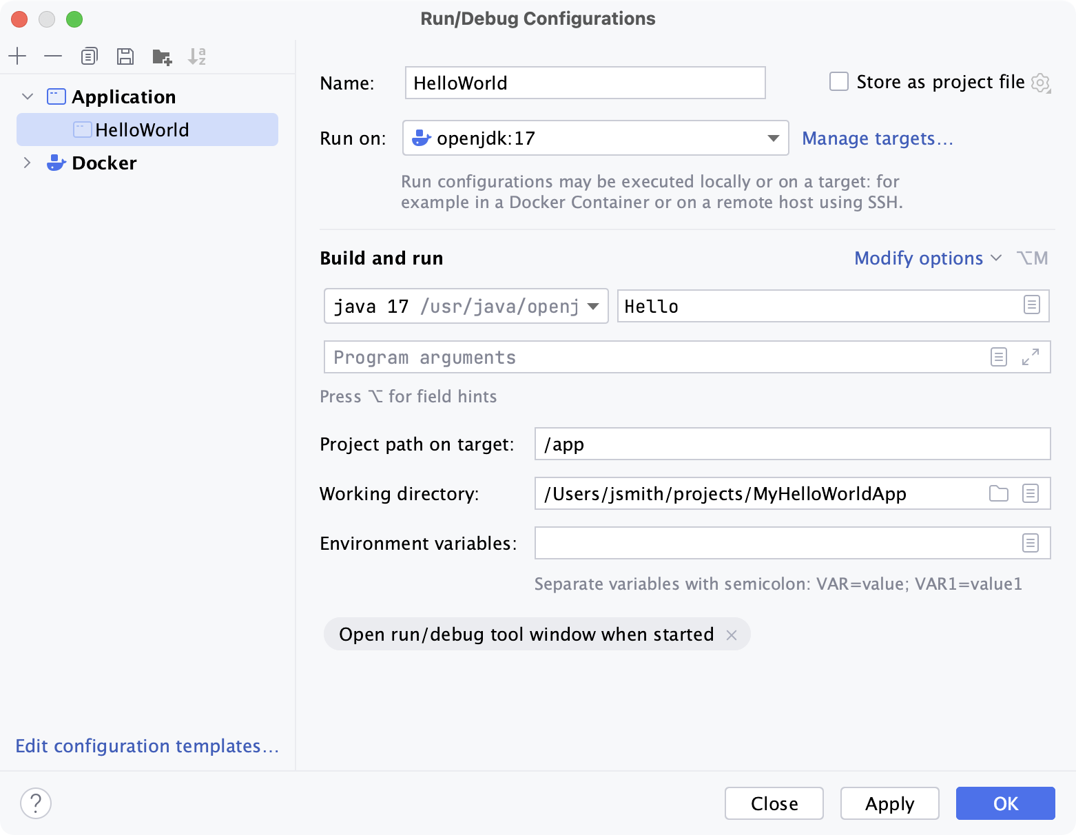 Java application with Docker run target