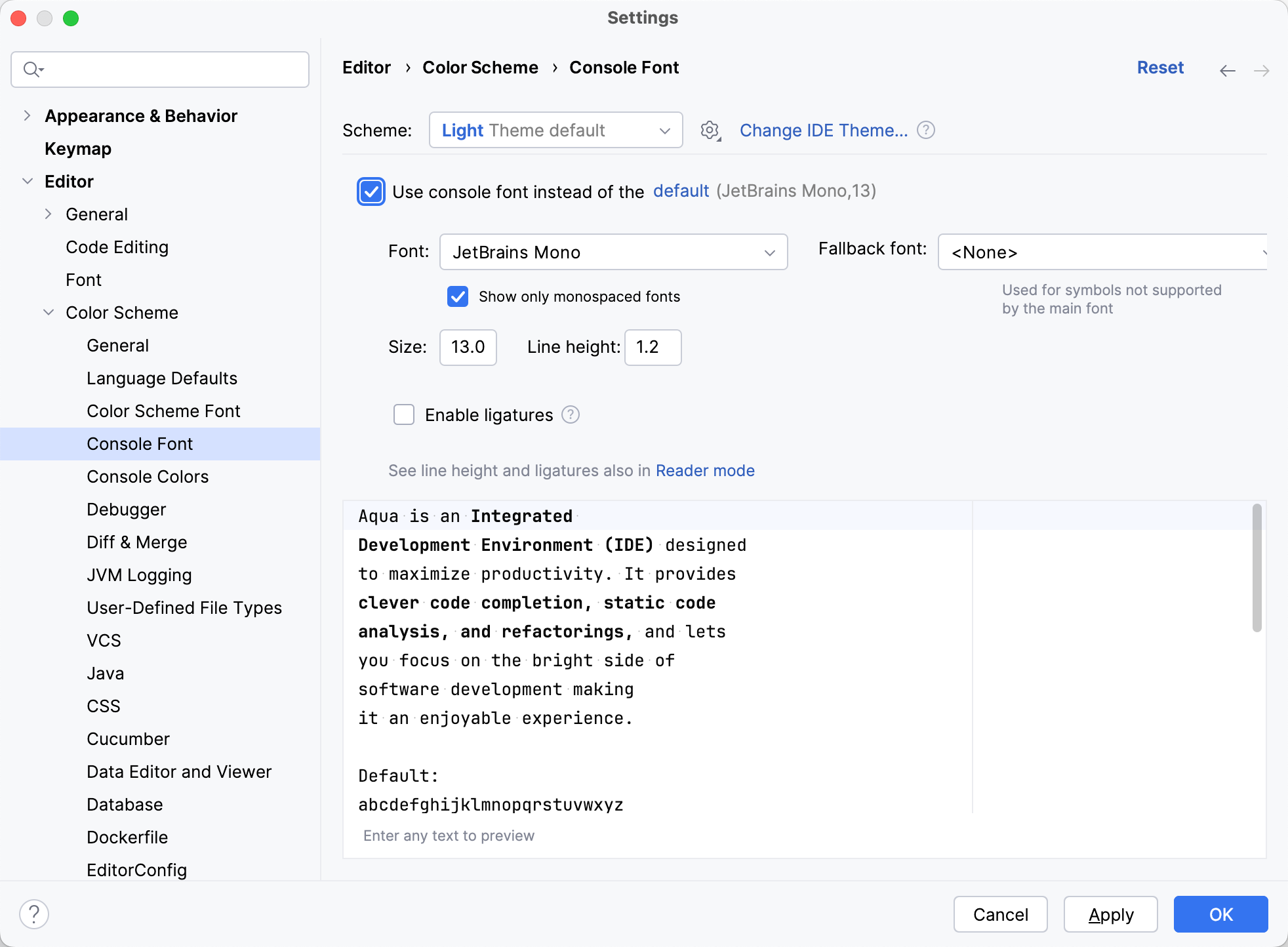 The Color Scheme Font settings page