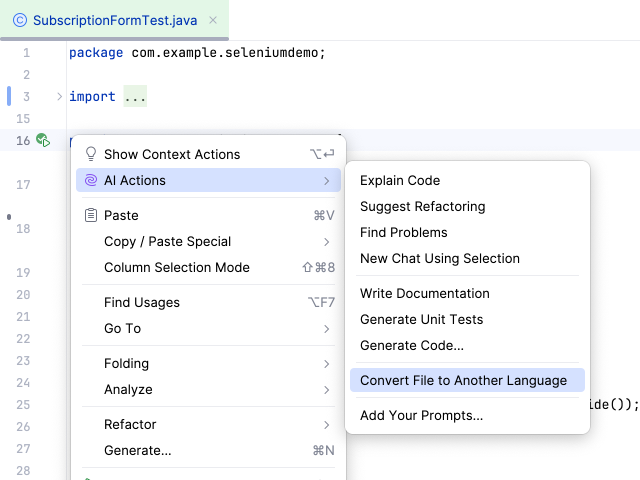 Convert File to Another Language action in context menu