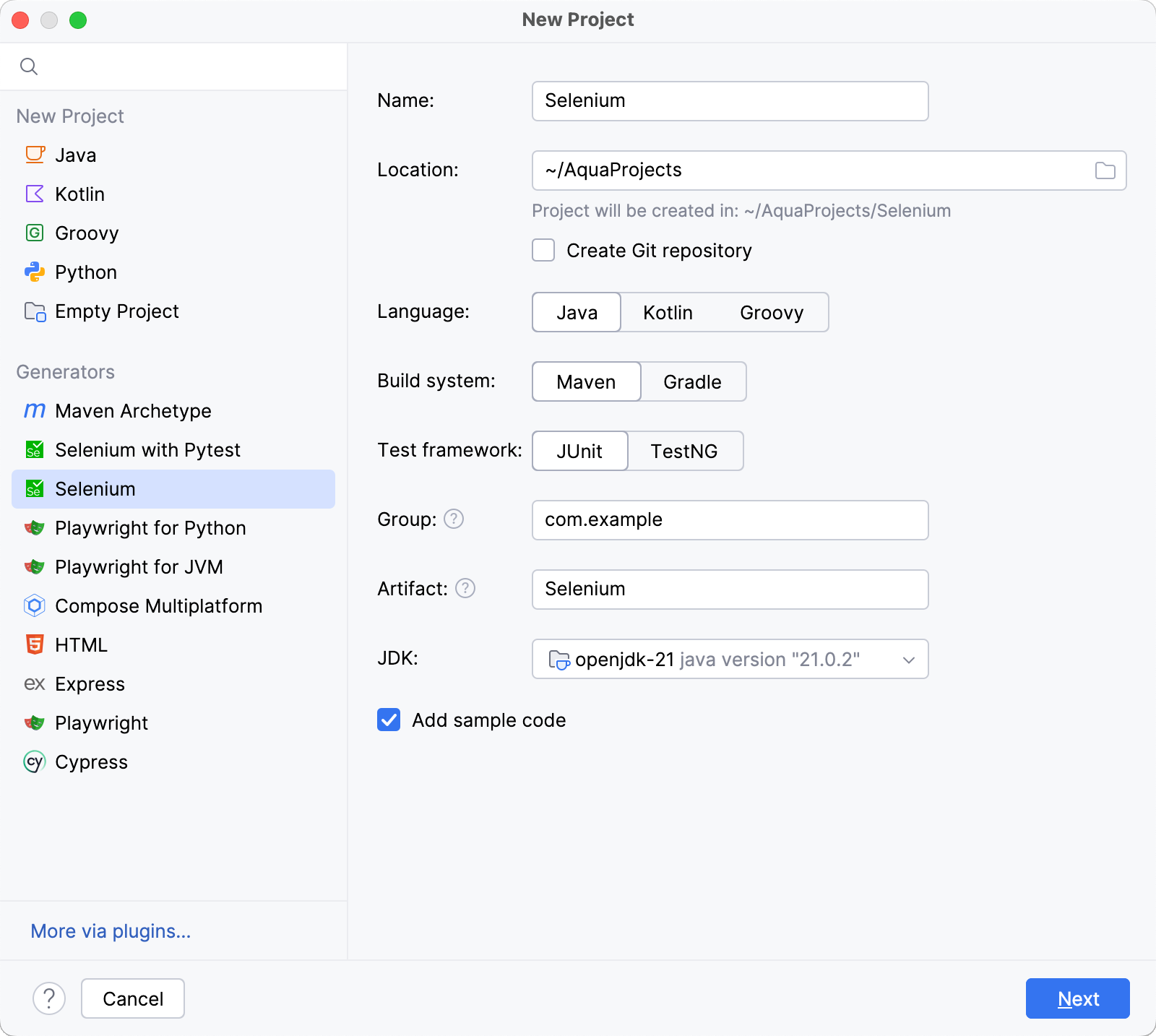 Creating a new Selenium project