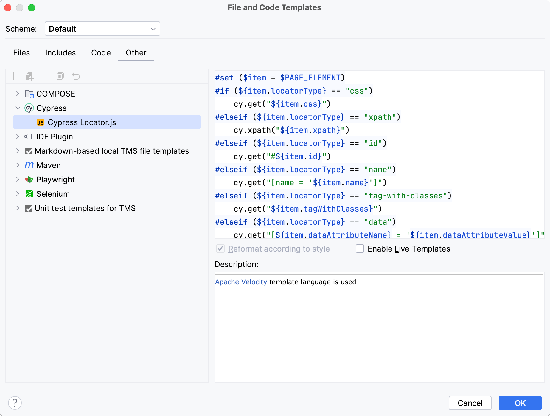 The File and Code Templates dialog