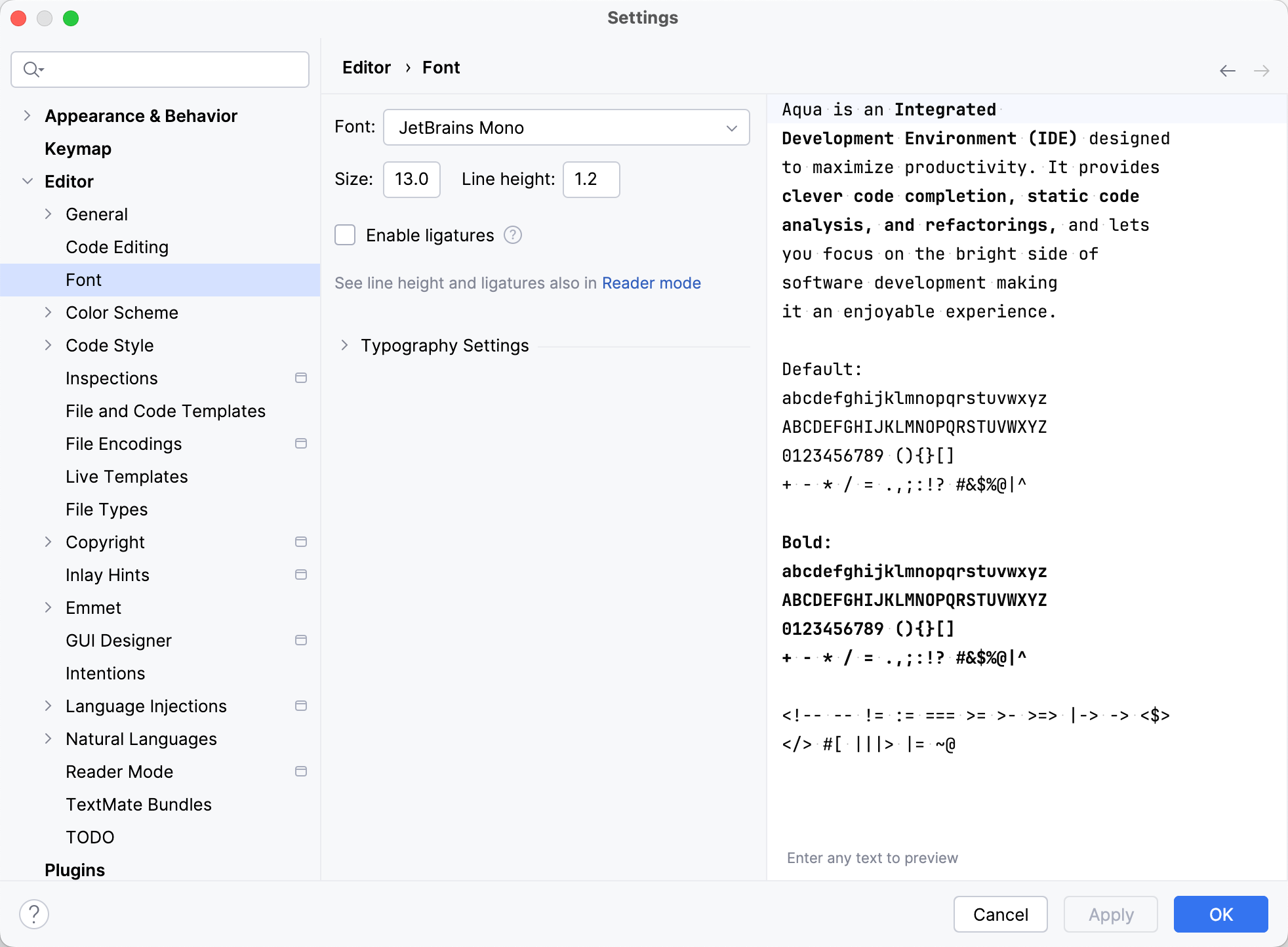 The Font settings page