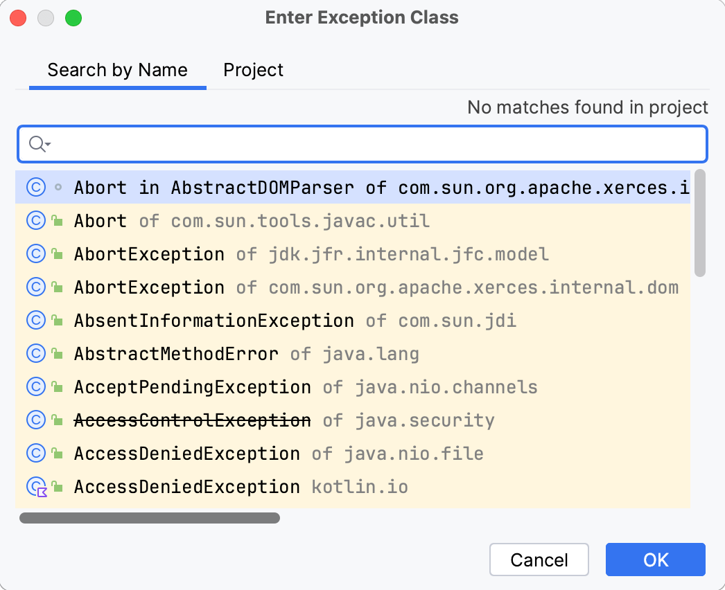 The Enter Exception Class dialog