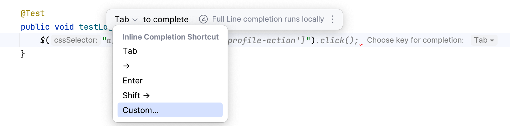 Full line code completion popup