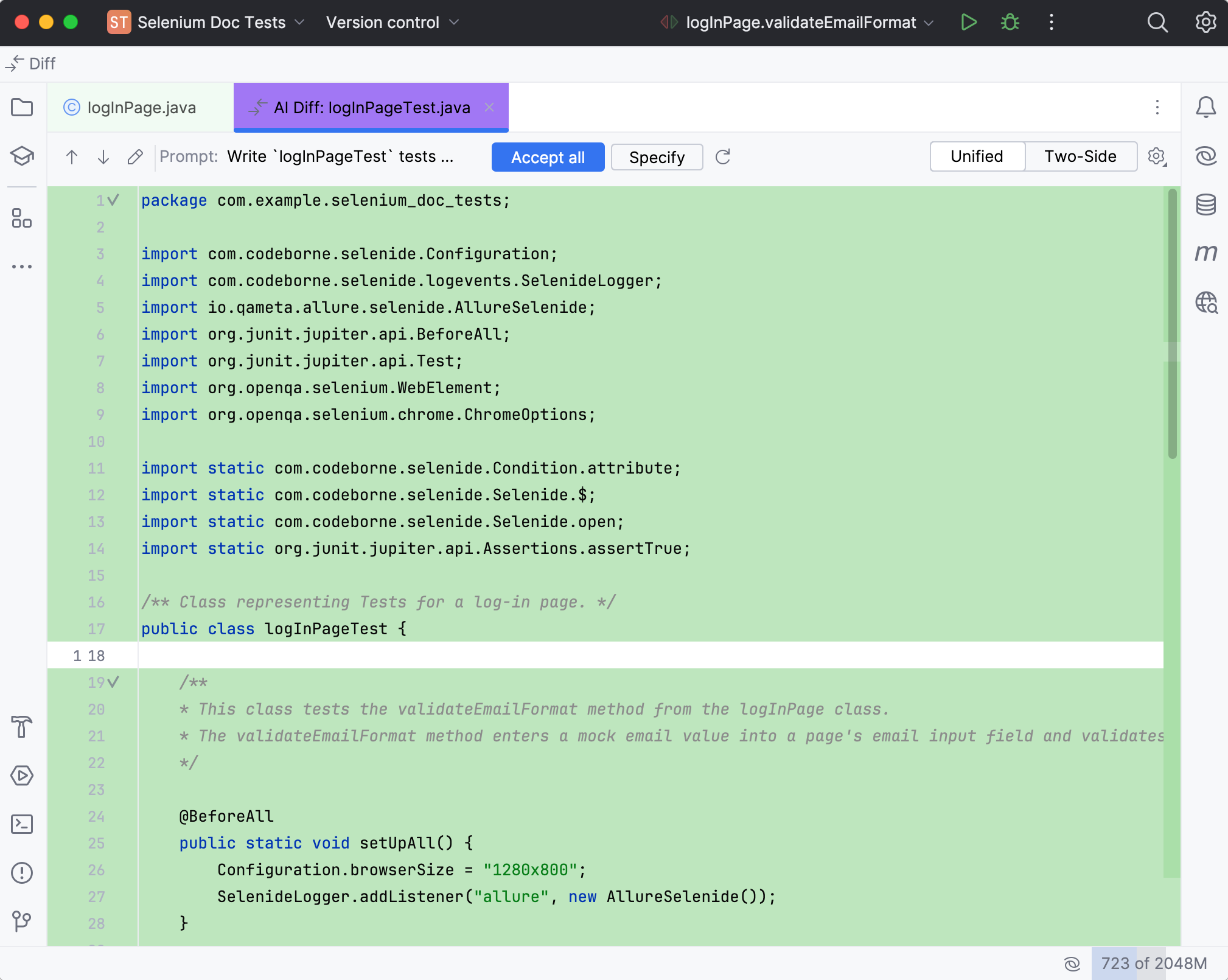 Generated unit test in a separate AI Diff tab