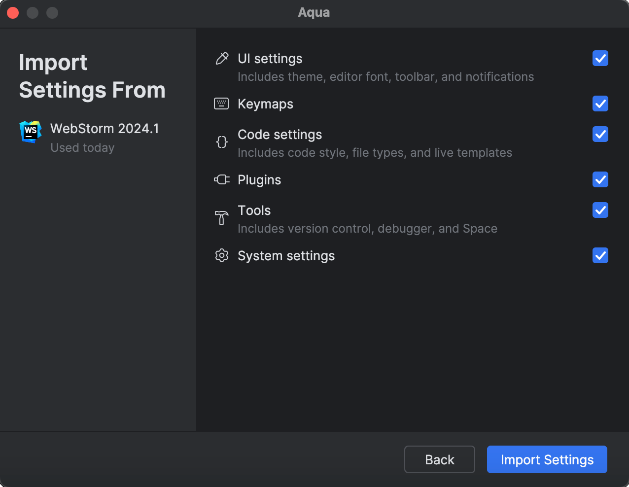 JetBrains IDE settings selection