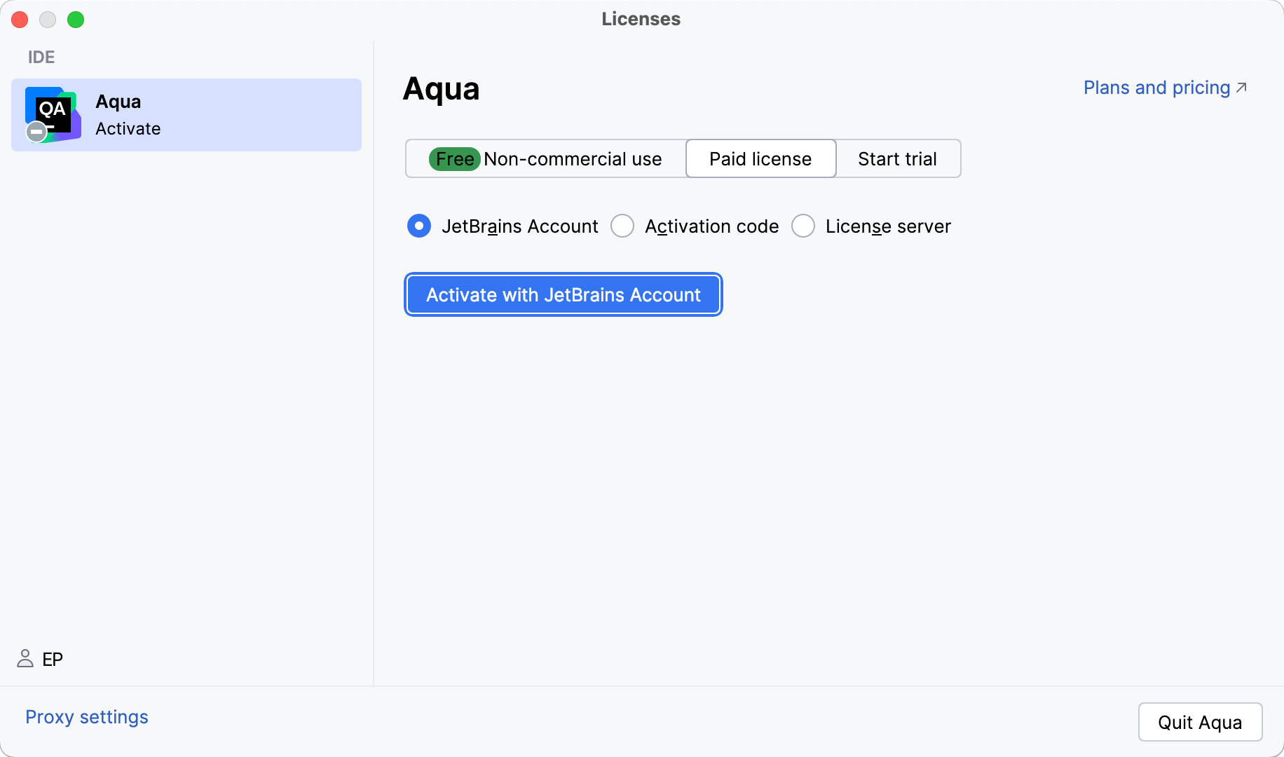 Activate Aqua license with a JB Account