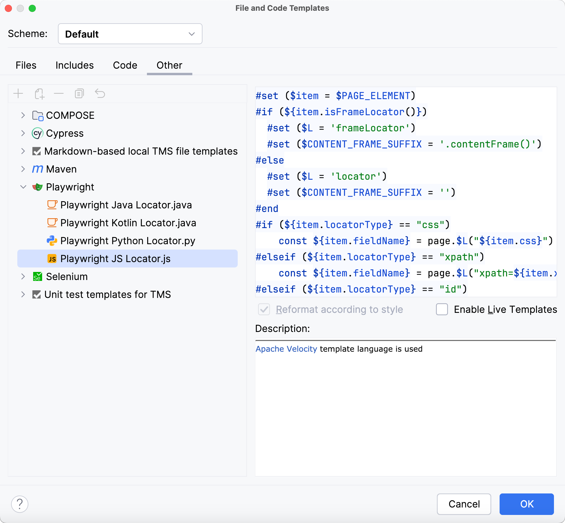 The File and Code Templates dialog