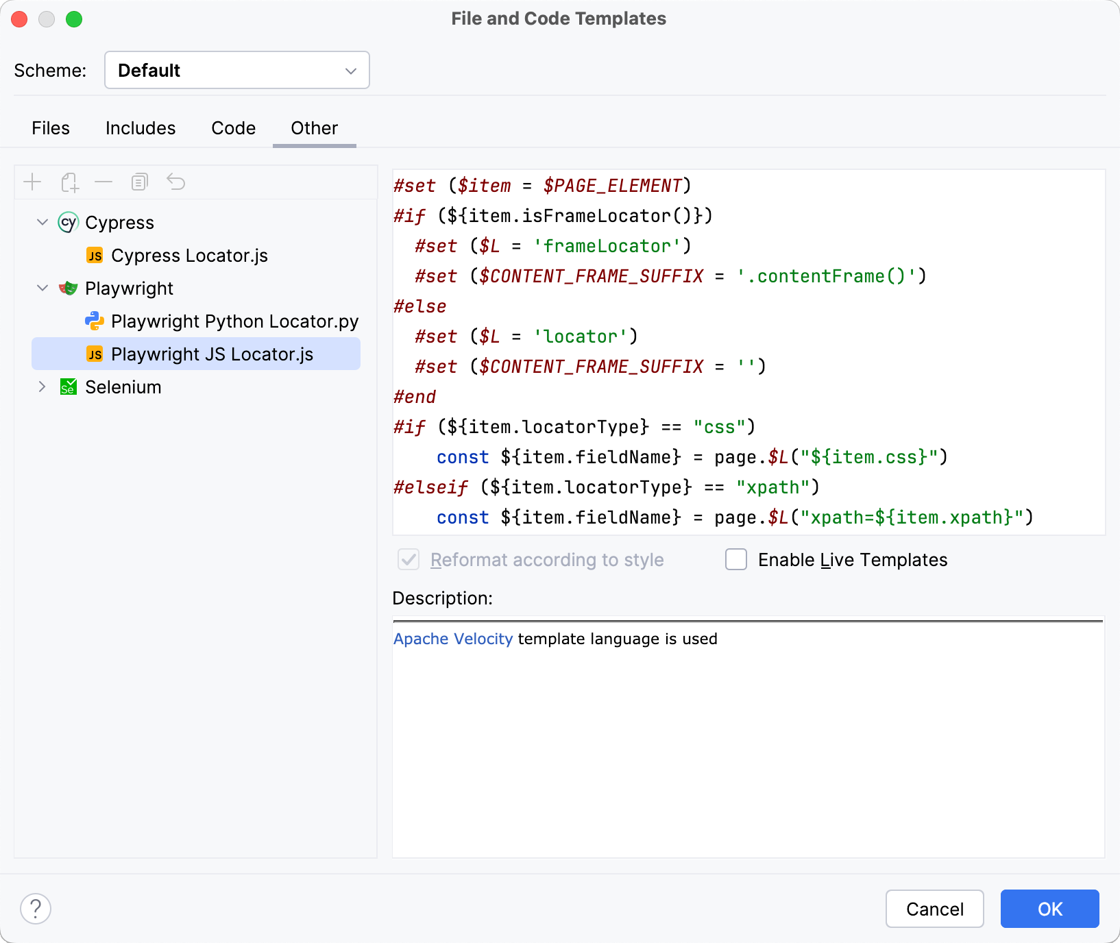 The File and Code Templates dialog