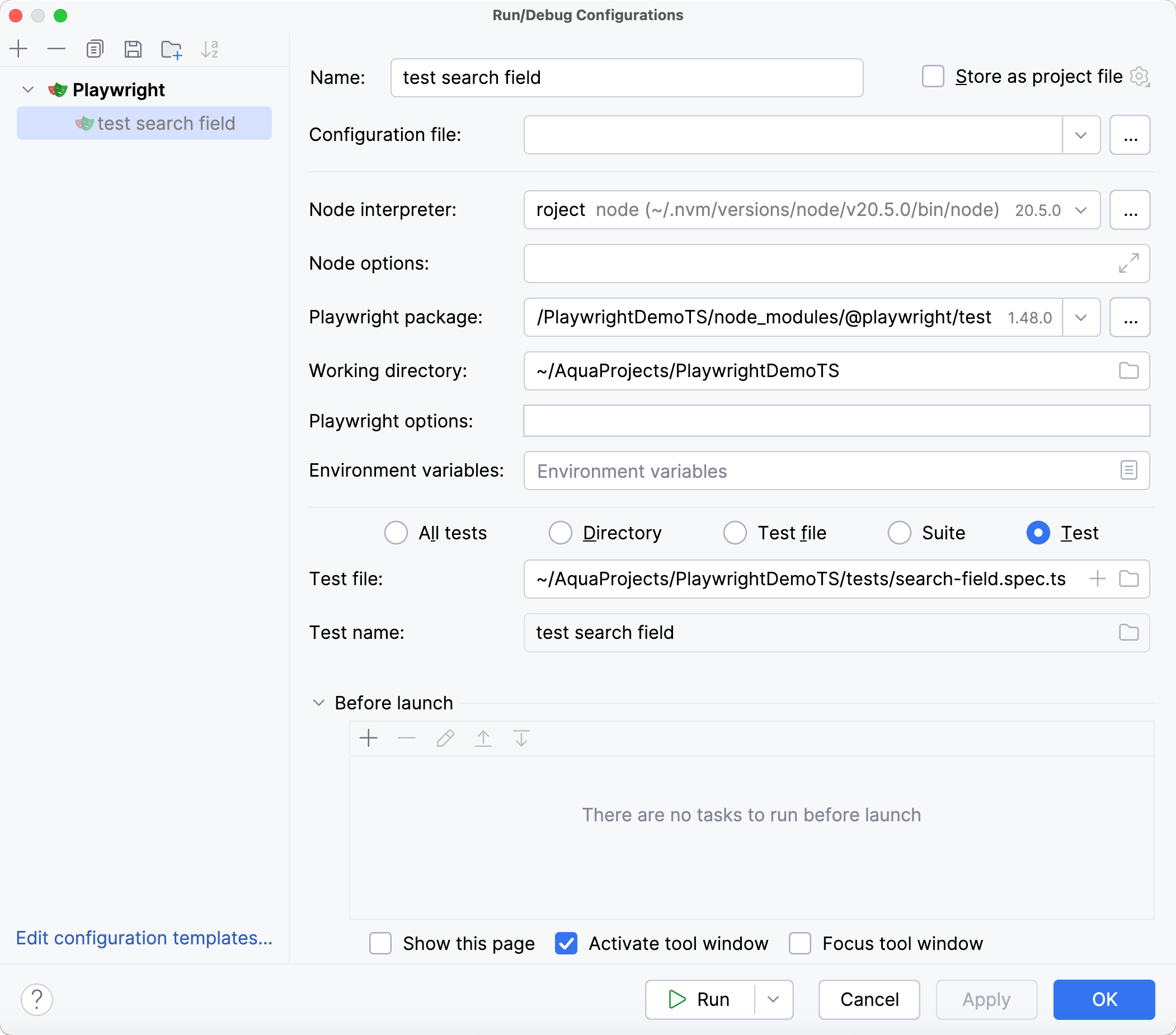 Managing test run configuration