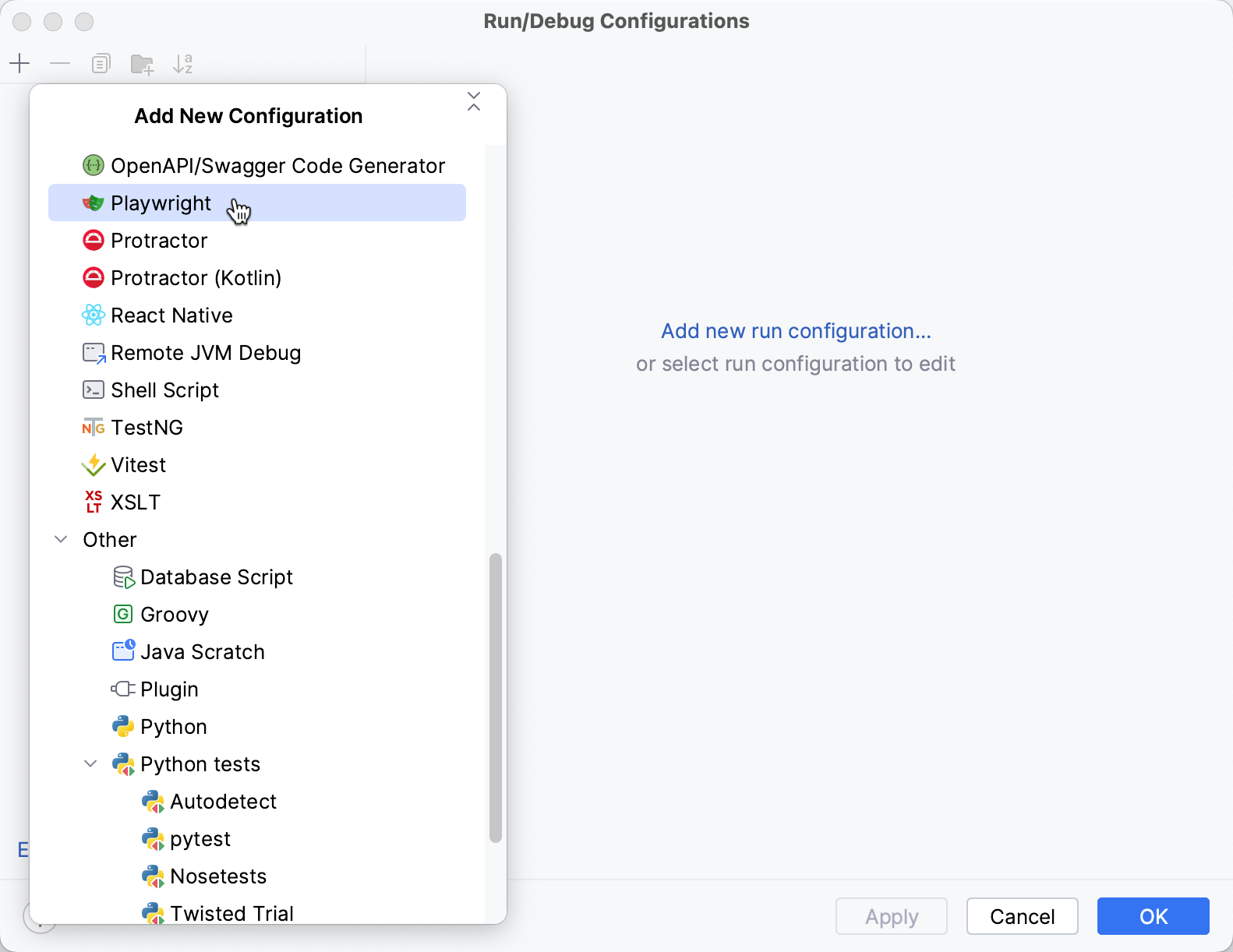 Selecting a new run/debug configuration template