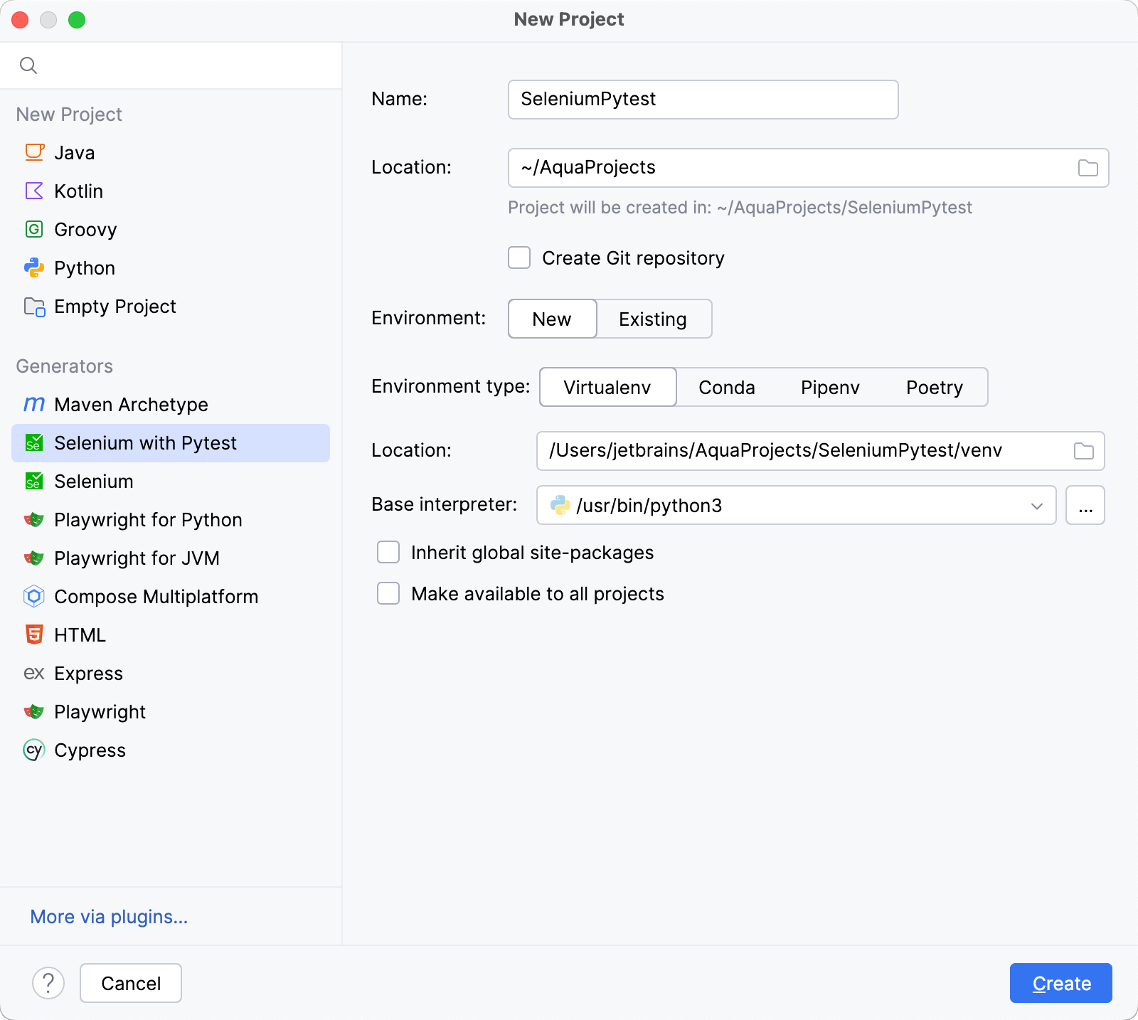 Creating a new Selenium with Pytest project