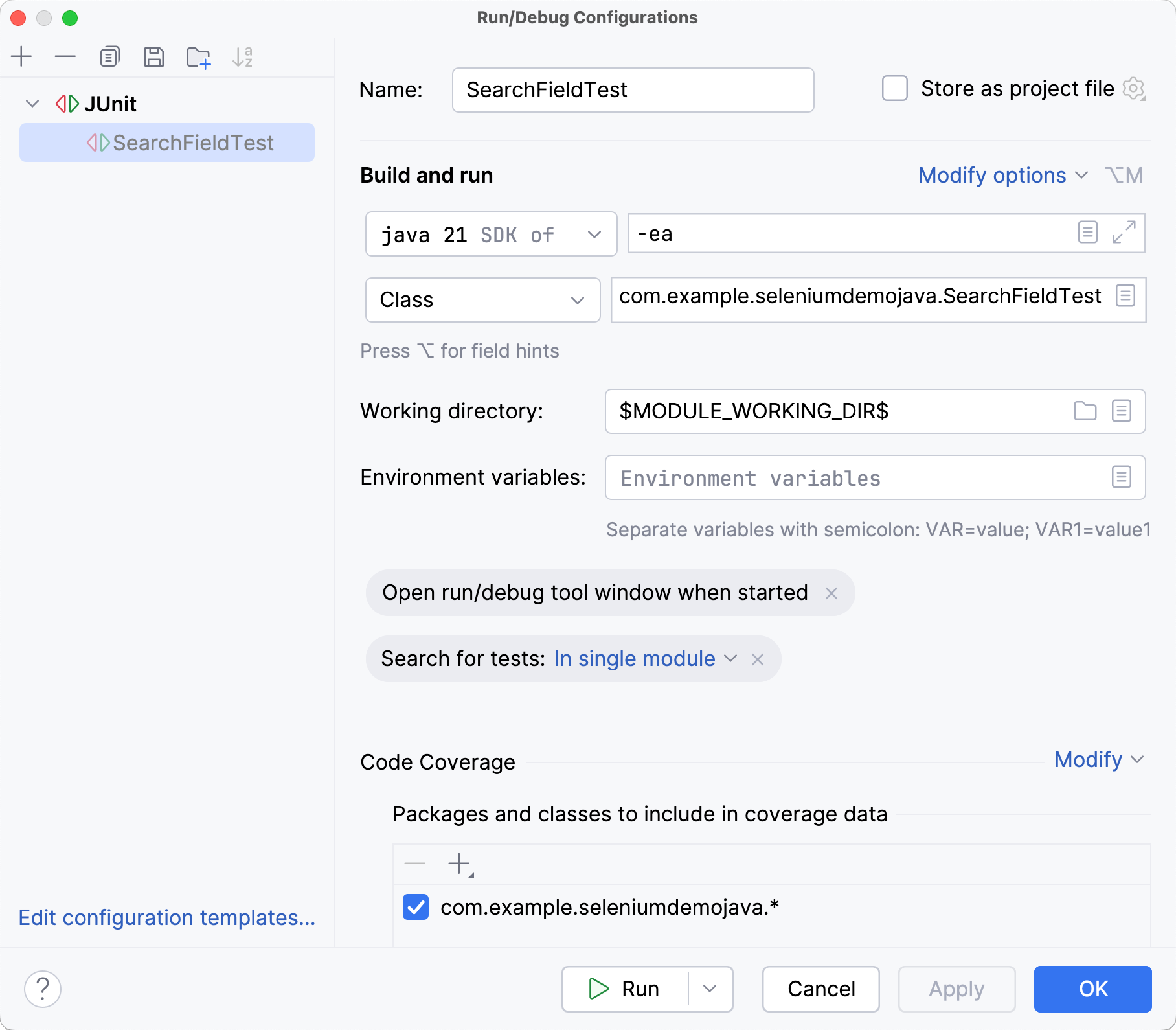 Managing test run configuration