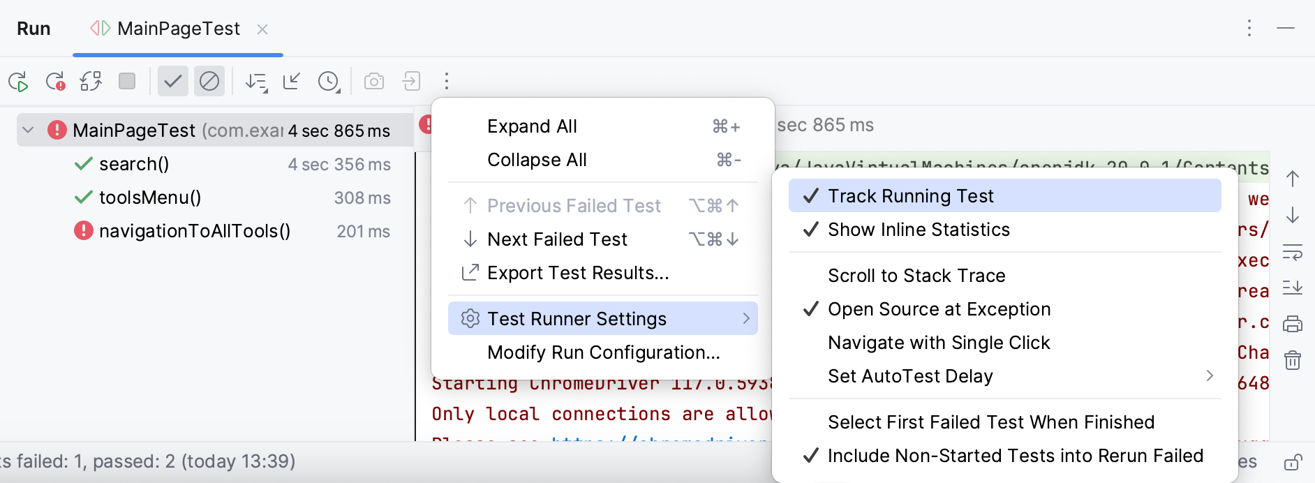 The Track Running Test setting