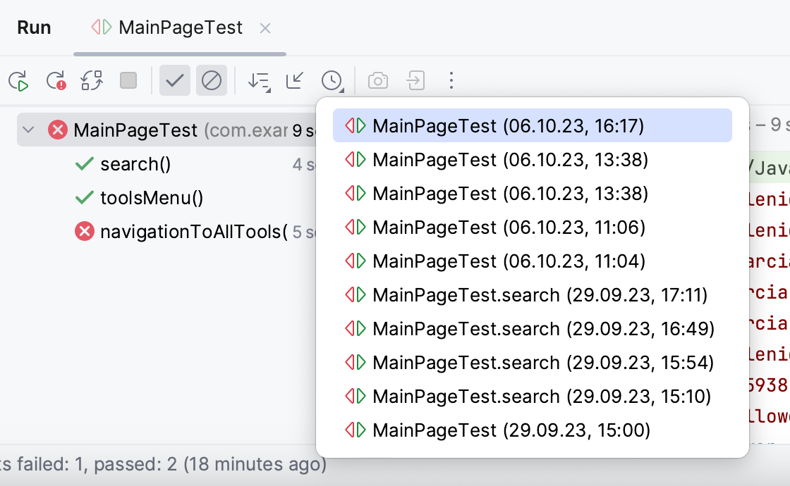 Viewing results of previous tests