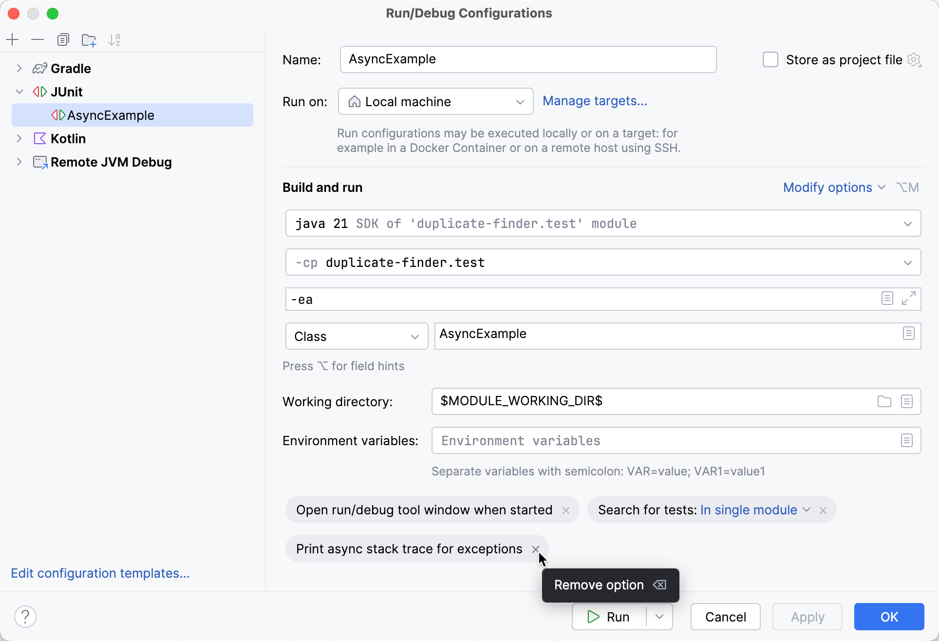 'Print async stack trace for exceptions' checkbox in run configuration dialog