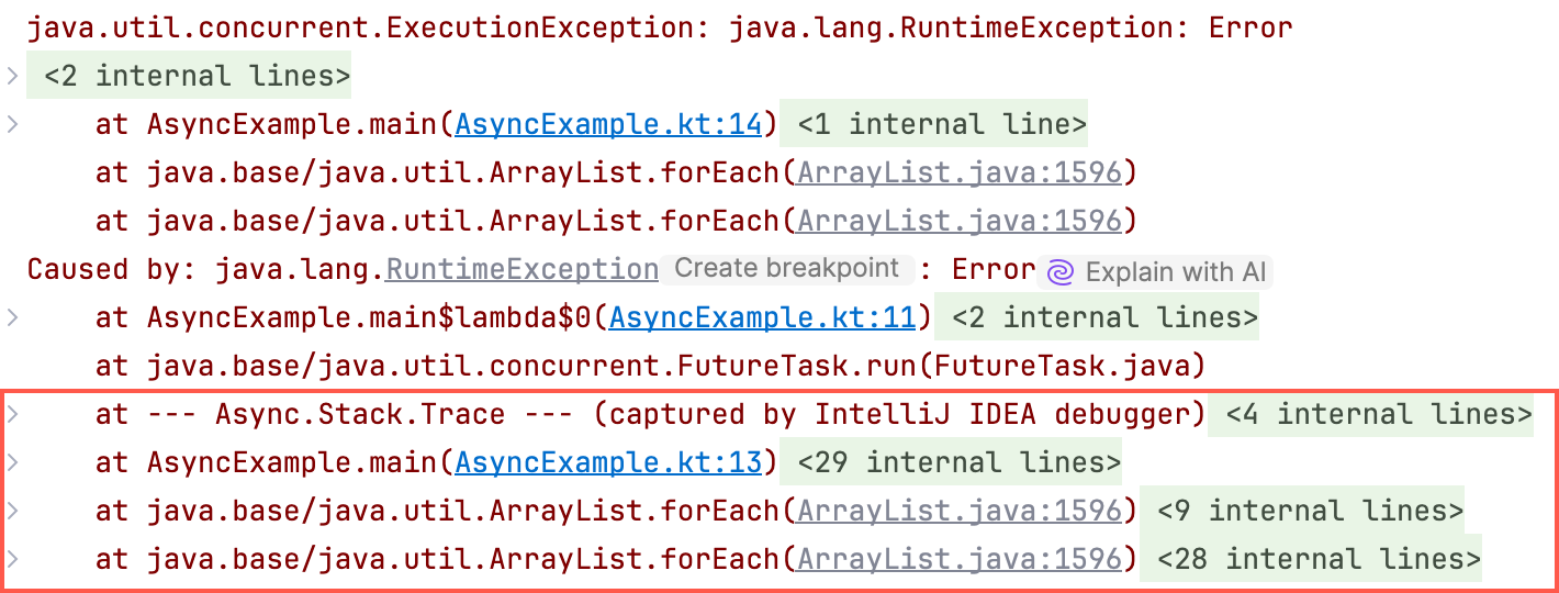 Async stack trace printed in the console for a failed test