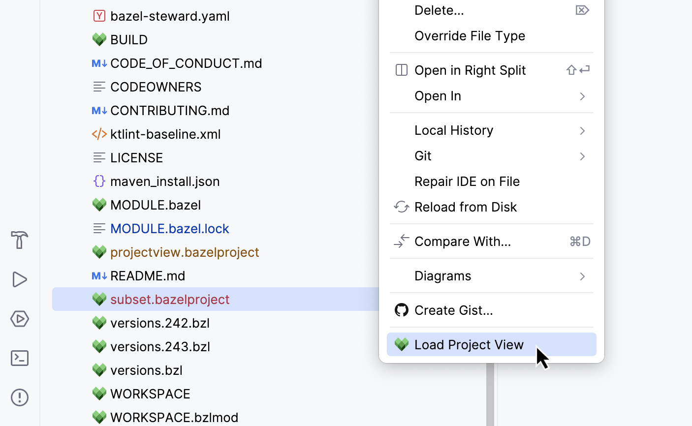 The Project tool window with a context menu for a .bazelproject file