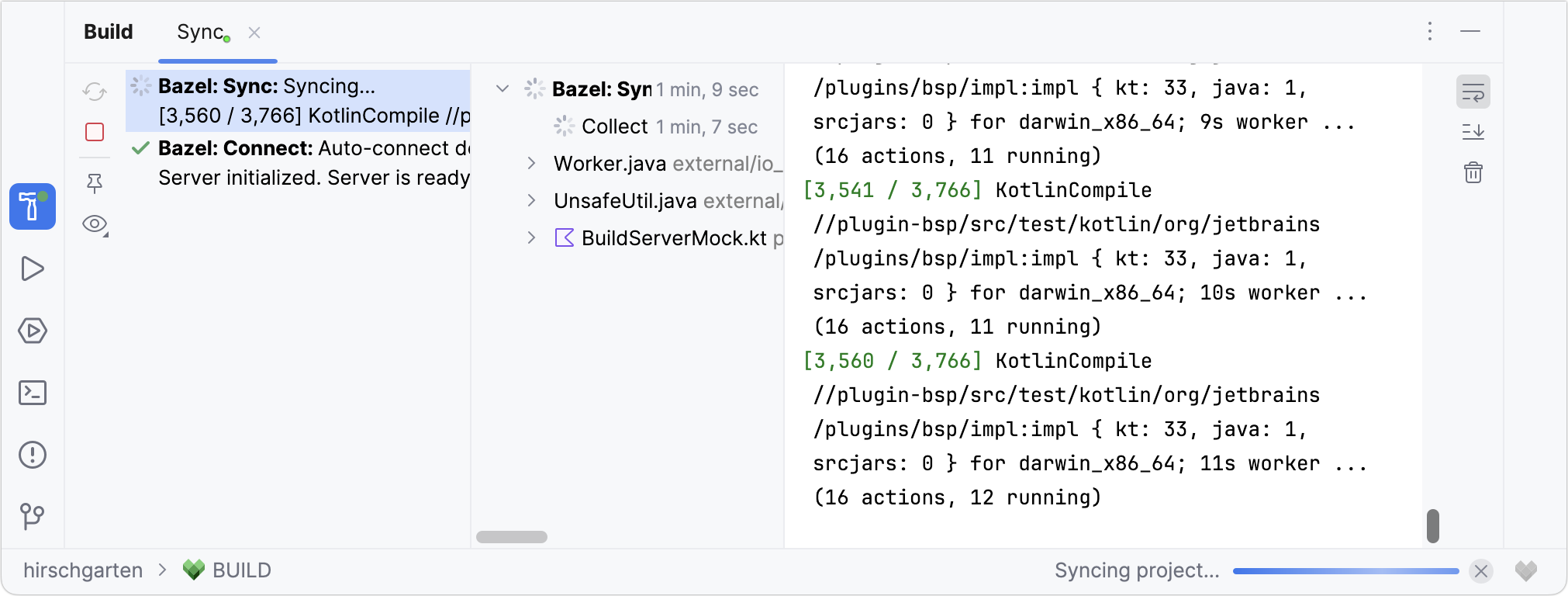 The Build tool window in the process of a Bazel project sync