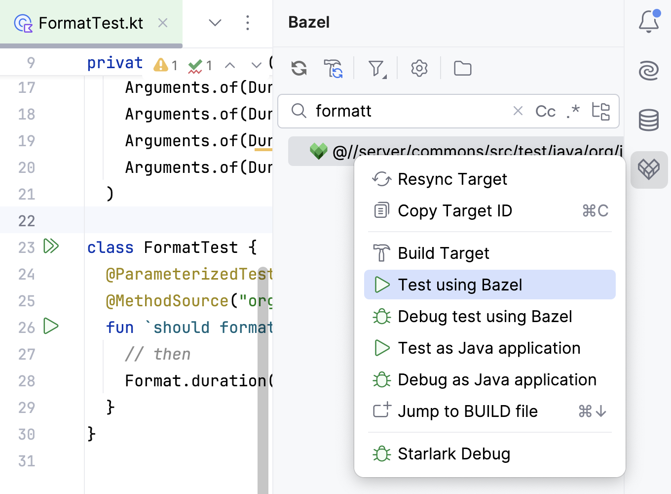 Code with a gutter icon and a context menu for a target with "Test using Bazel" selected.