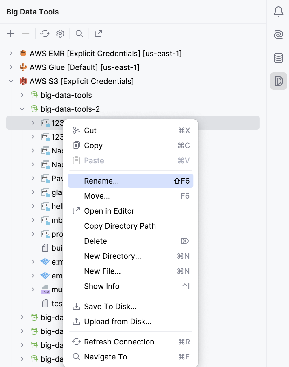 Context menu in the Big Data Tools tool window