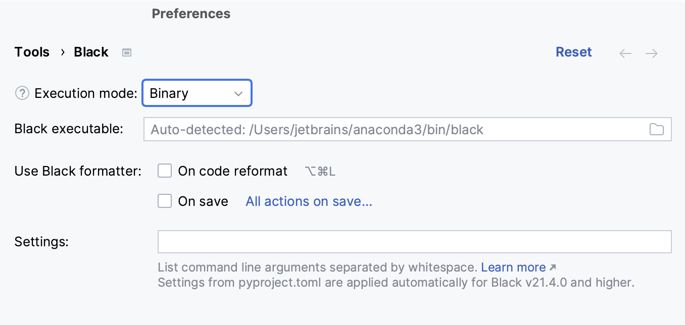 Configuring Black formatter: binary mode