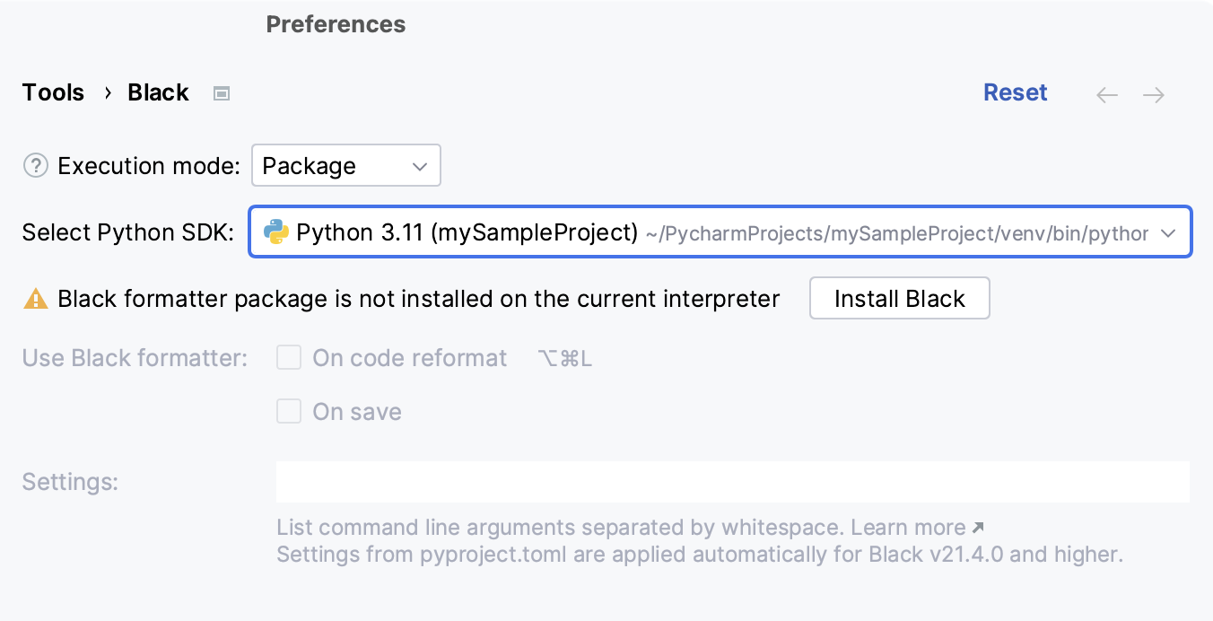 Configuring Black formatter: package mode