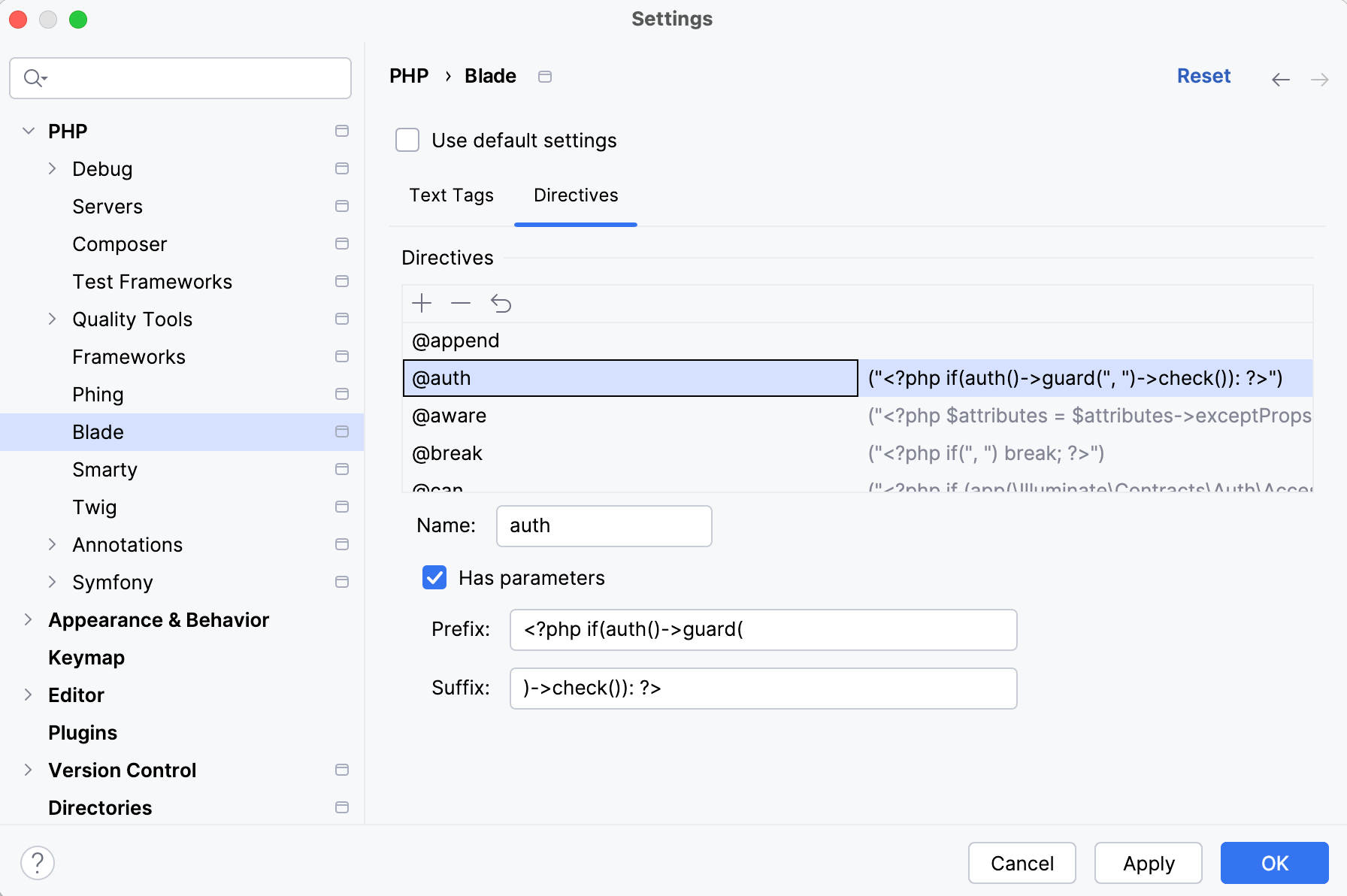 Blade directives settings