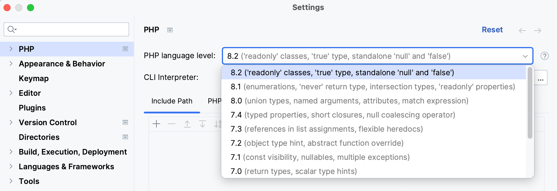 Change PHP language level