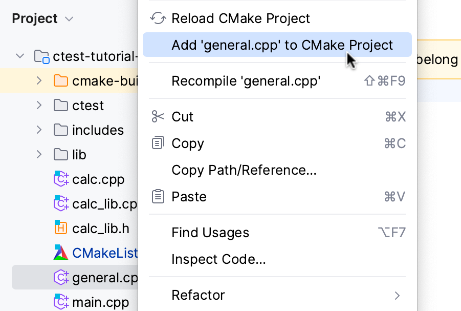 Add file to CMake project from context menu