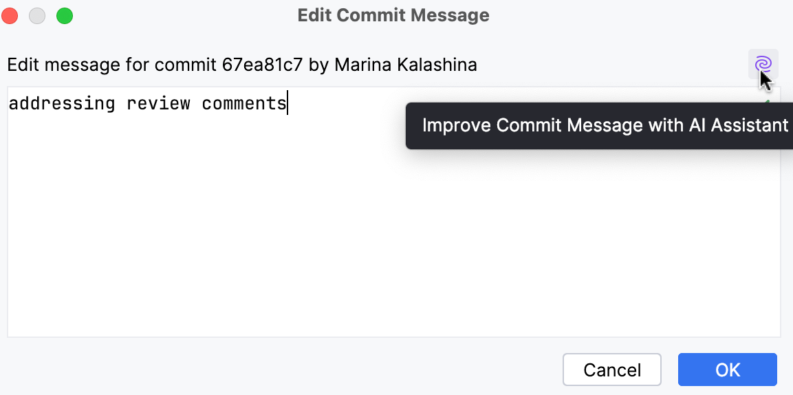 Dialog with an old commit message and the AI Assistant icon