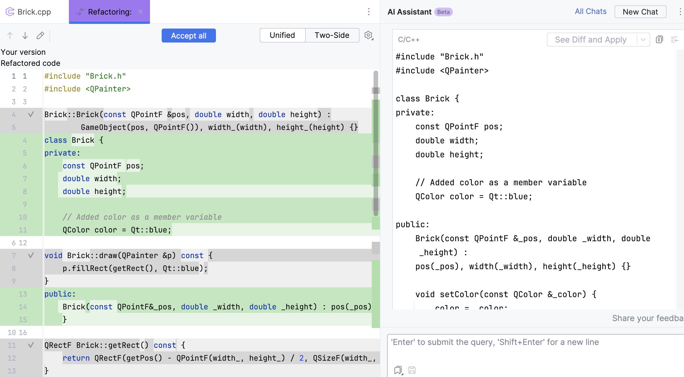 Diff tab with refactored code