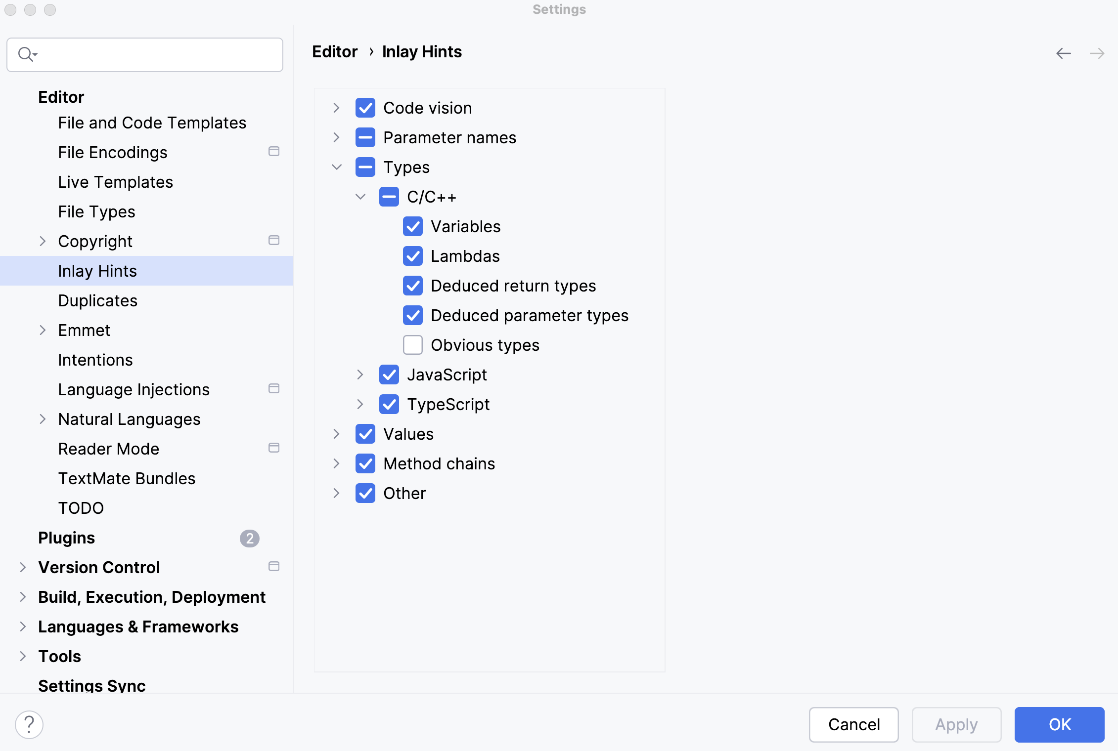 Type conversion hints settings in CLion Nova