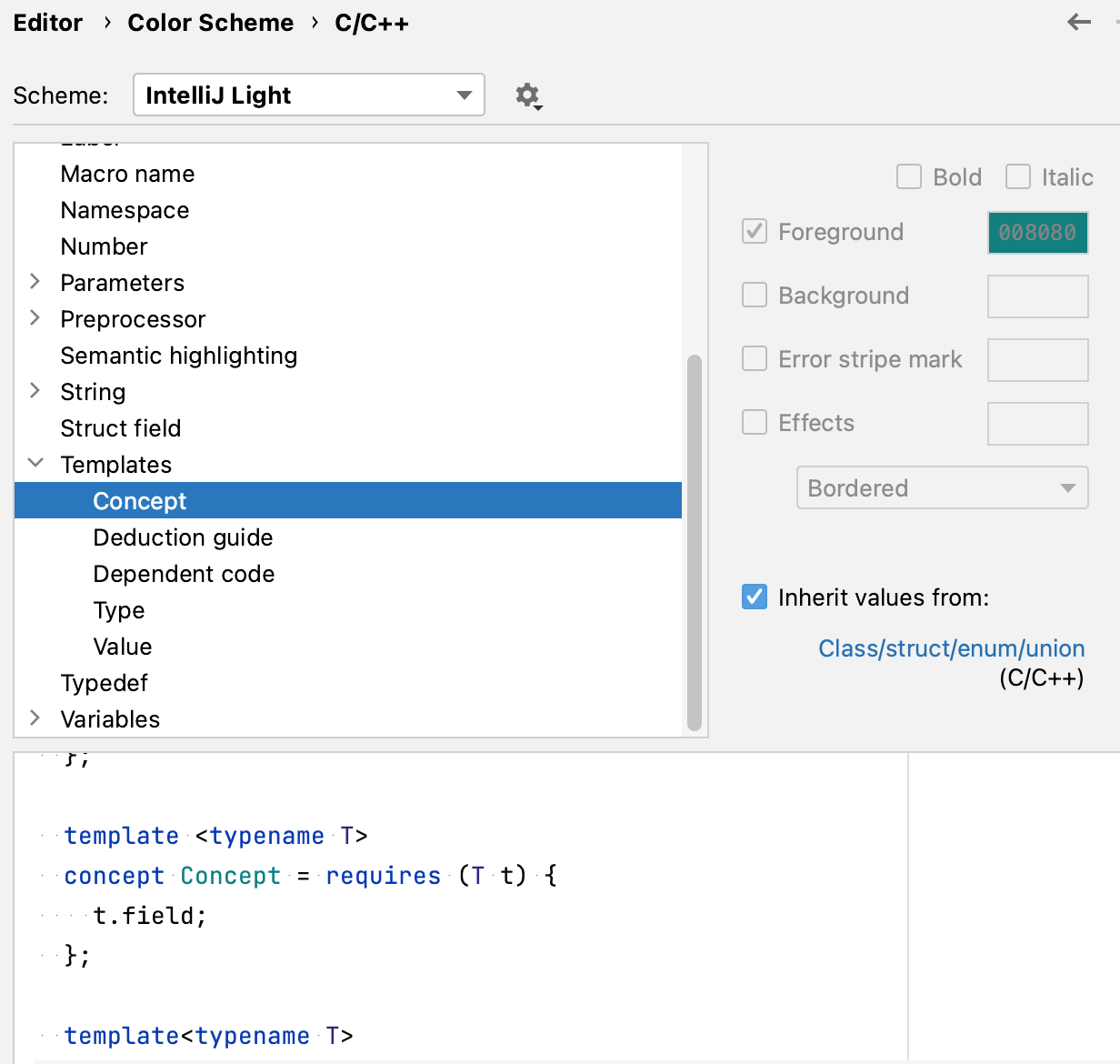 Syntax highlighting settings for Concepts