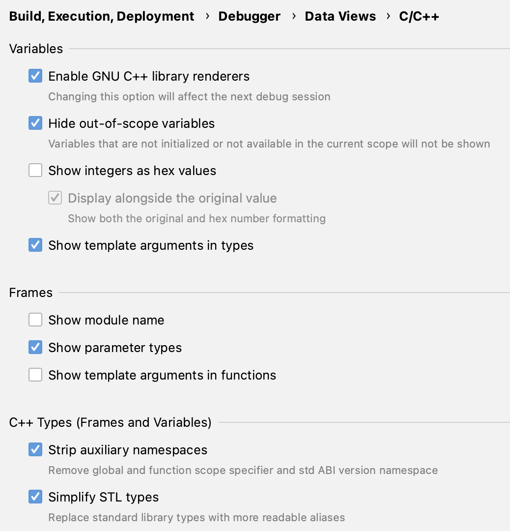 C/C++ debugger data views settings