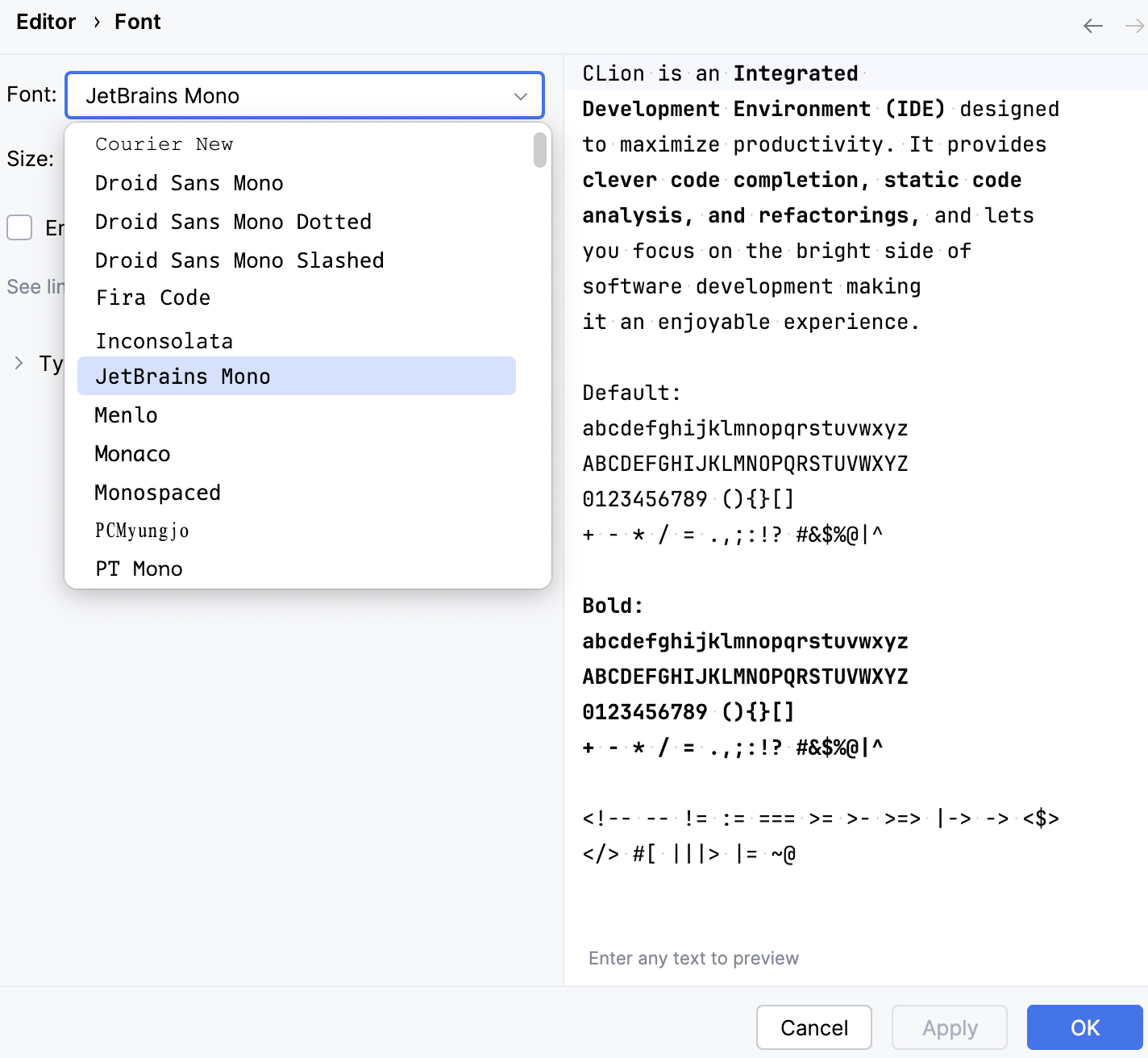 The Font settings page