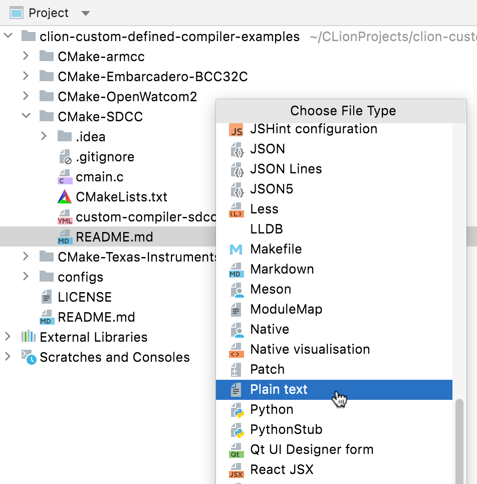 CLion: Changing the file type from Project tool window