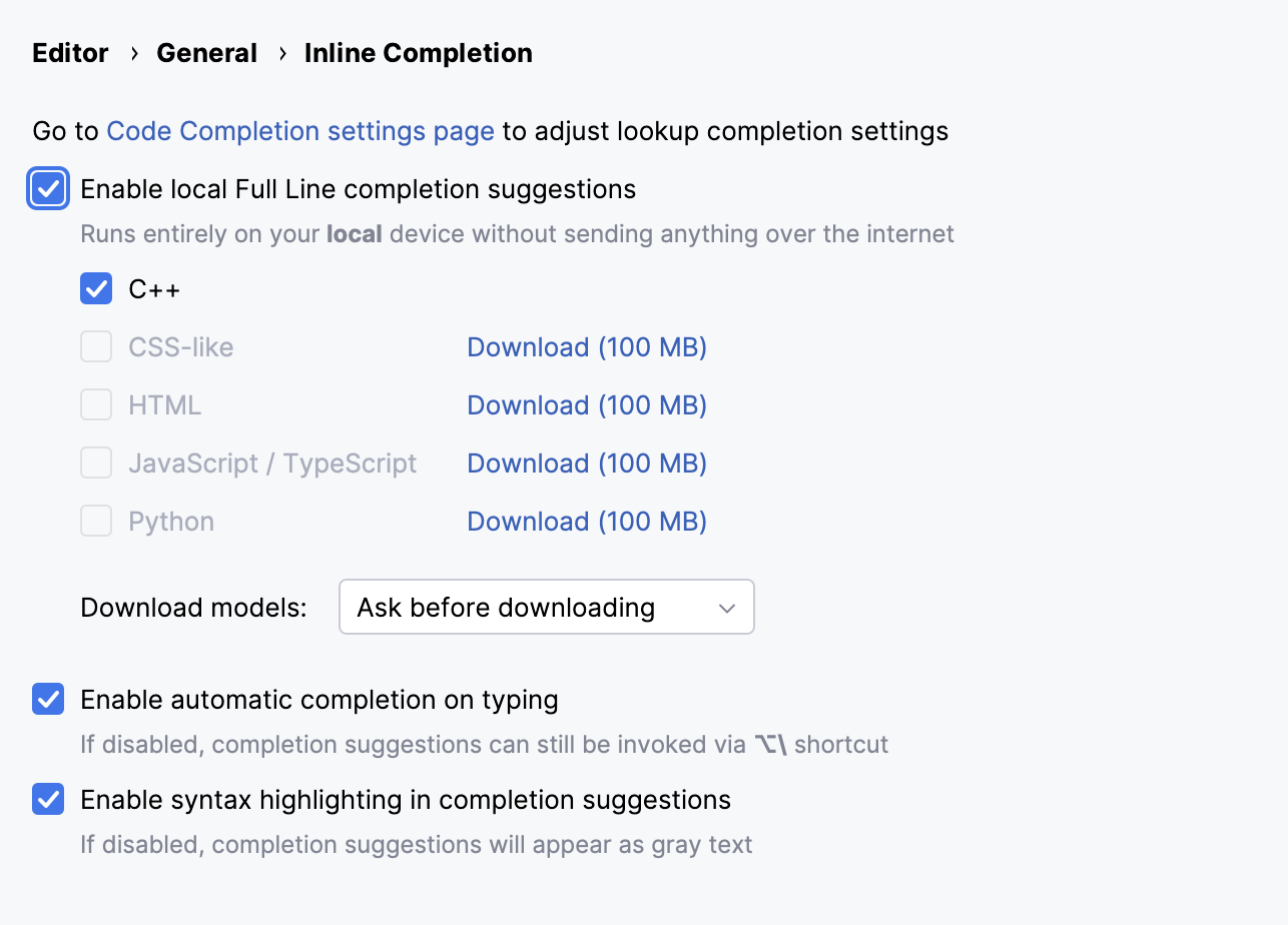 Enabling full line code completion